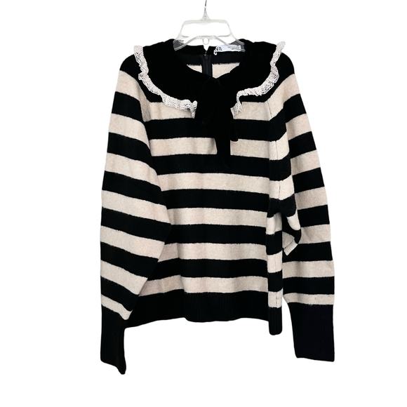 Zara Black Cream Striped Velvet Lace Trim Bow Collar Sweater Size Small - Picture 3 of 11